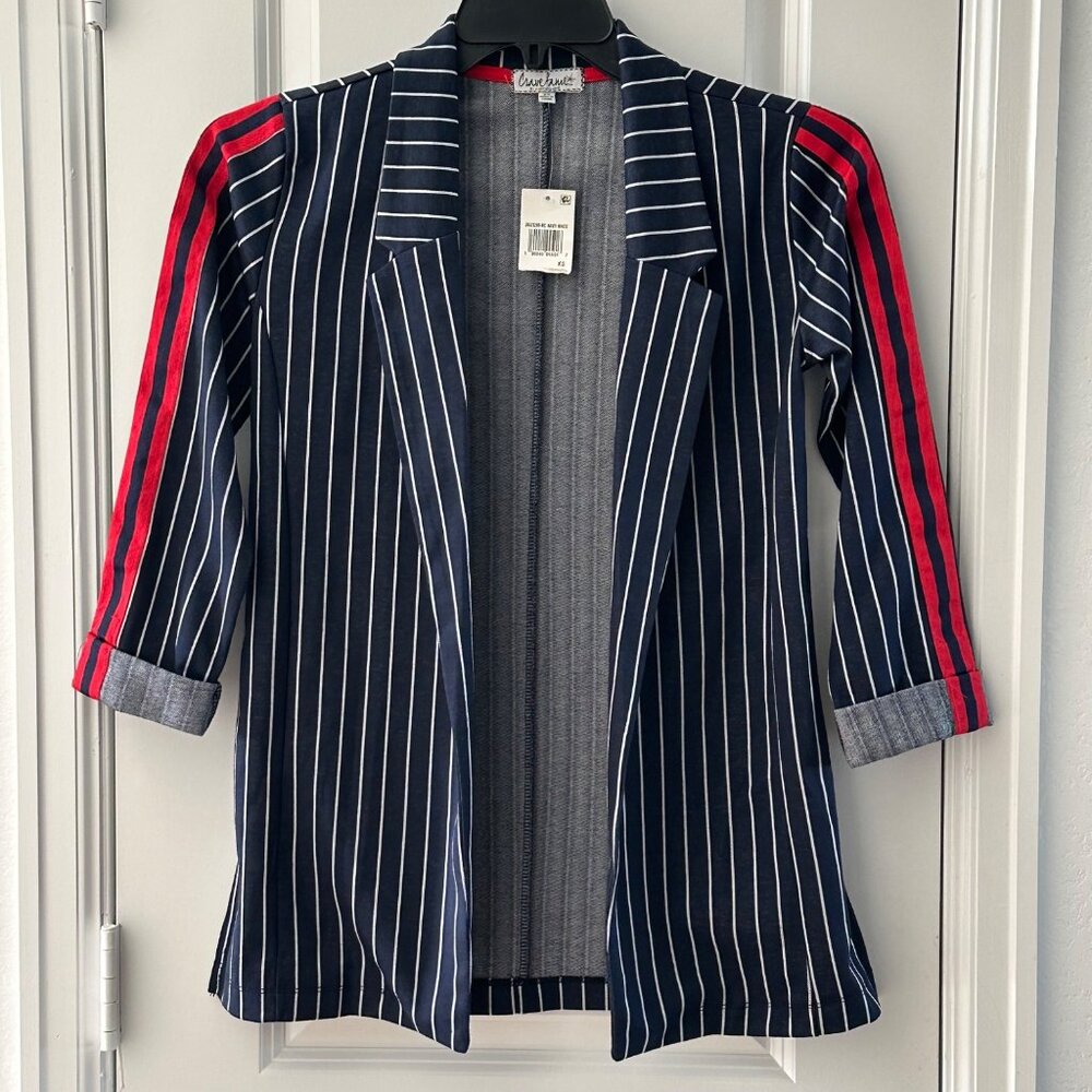 Crave Fame Womens Striped Navy Blazer With Red Accents XS